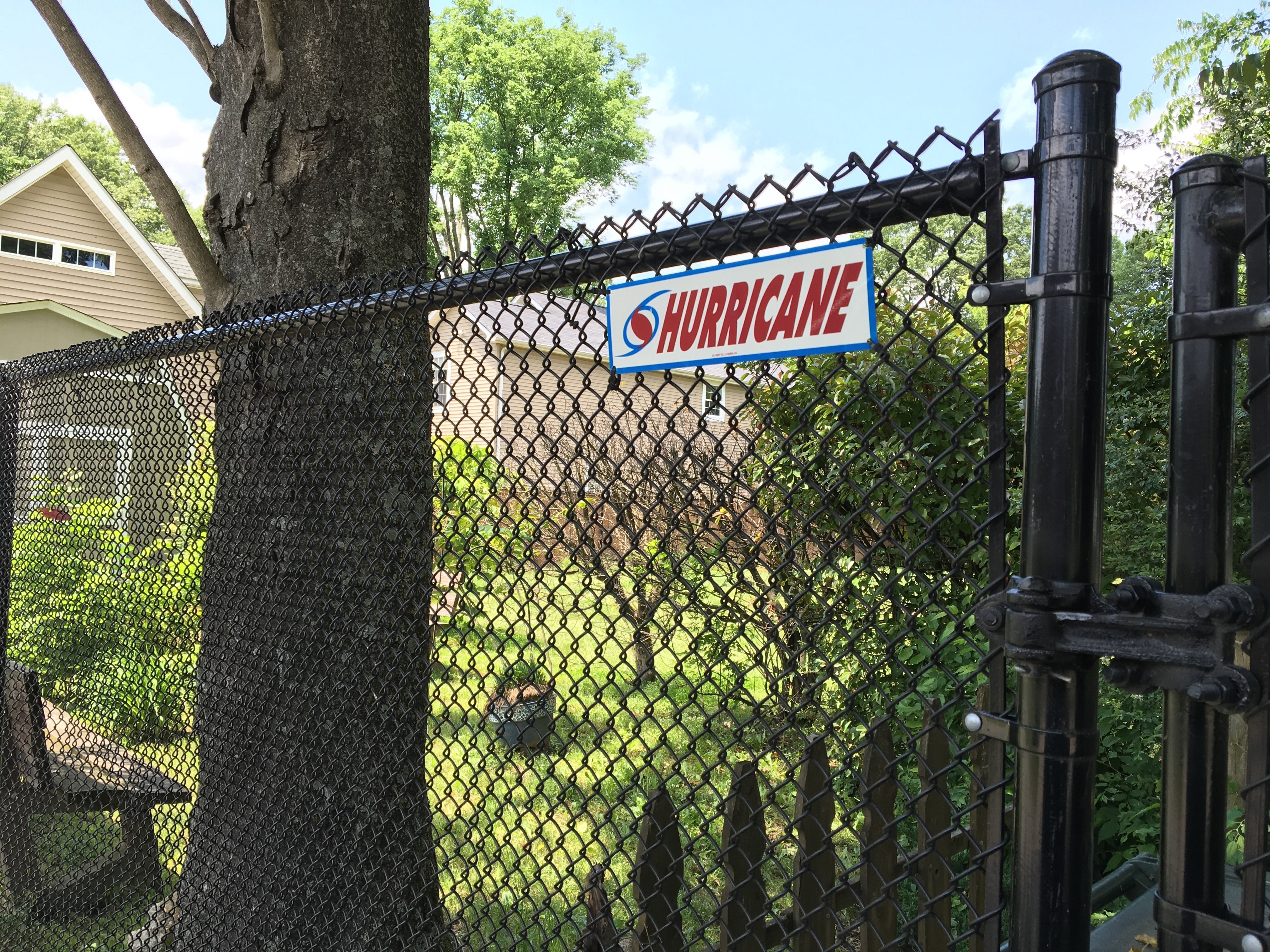 A black galvanized chain link fence circles this newly renovated Church Hill residence.