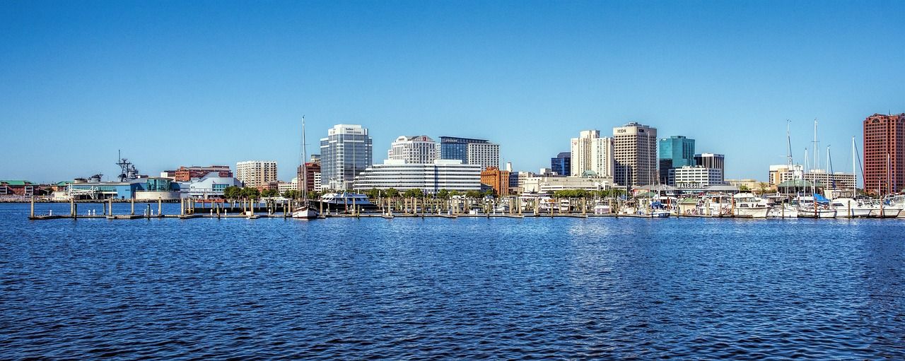 The Norfolk, VA coast taken from the water.